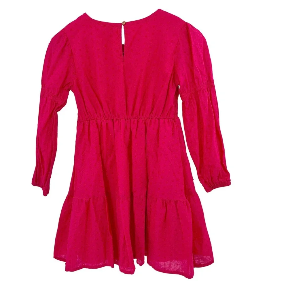 Girls Smocked Tiered Swiss Dot‎ Dress Pink Long Sleeve Zac Posen ZAC Kids M 7-8